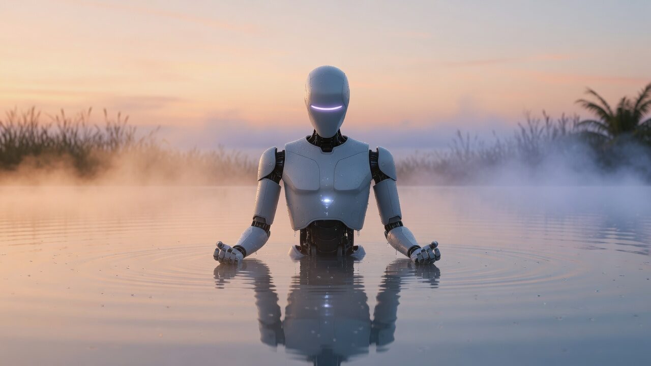 The same dawn pool from a quieter distance: mist over glassy water, a meditating robot reflected in peach and teal light, reeds holding the horizon.