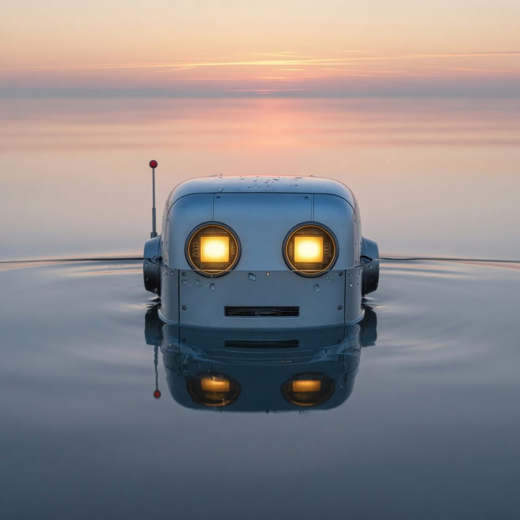 A rounded robot head with twin amber square eyes and a thin antenna, half-submerged in glassy dawn water, its reflection complete beneath the surface.